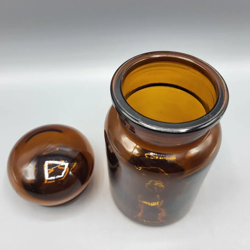 Vintage Amber Brown Glass Apothecary Jar With Bubble Lid Made In Belgium